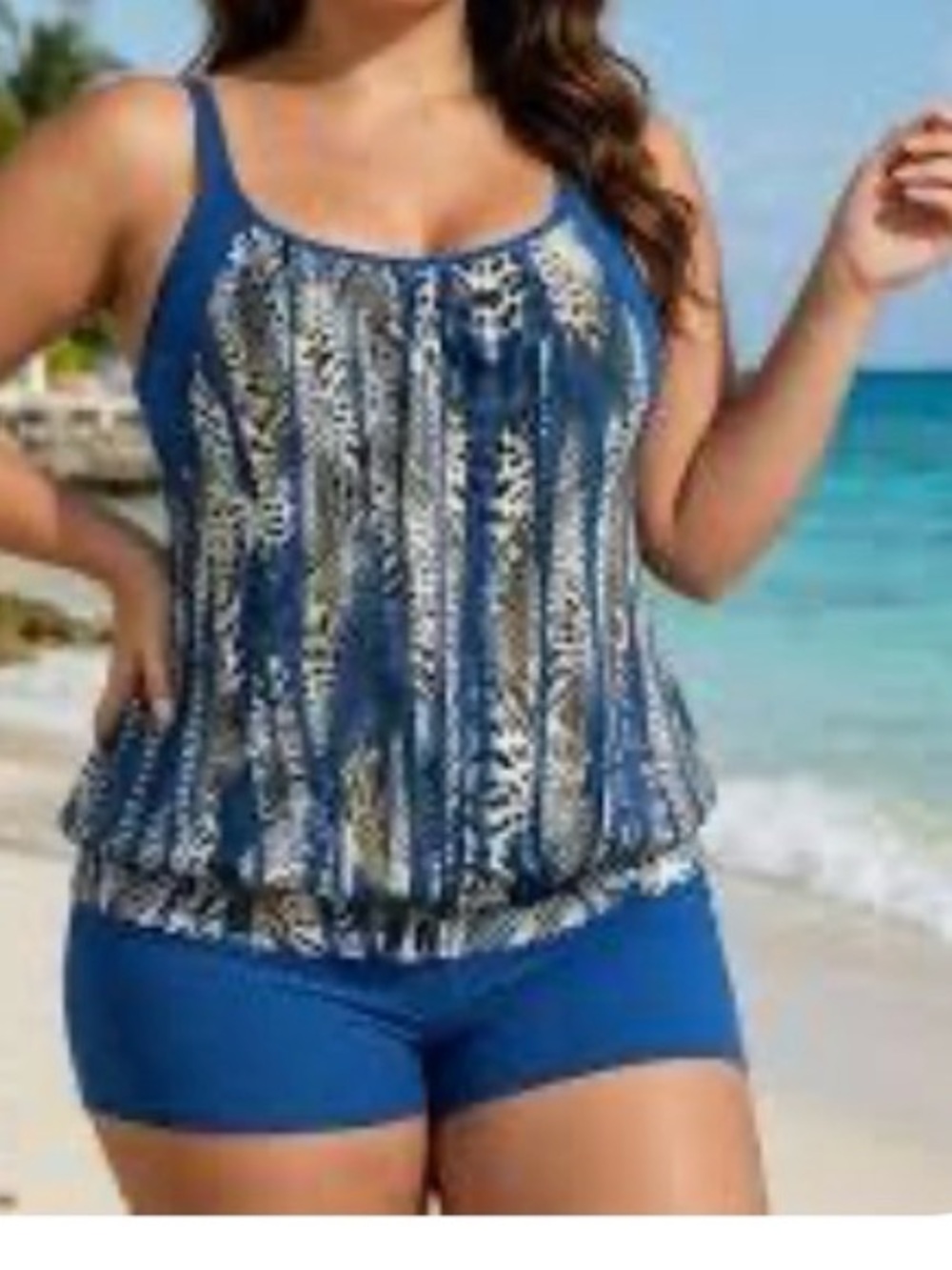 SHEIN 5XL Plus Size Blue Printed Tankini Top and bottom blue & brown
